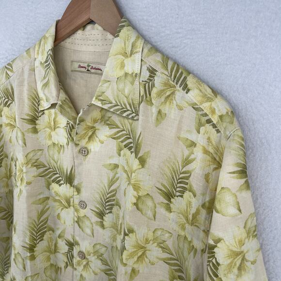 TOMMY BAHAMA Shirt Mens M Linen Floral Hibiscus Tropical Camp Short Sleeve Green - Picture 7 of 13